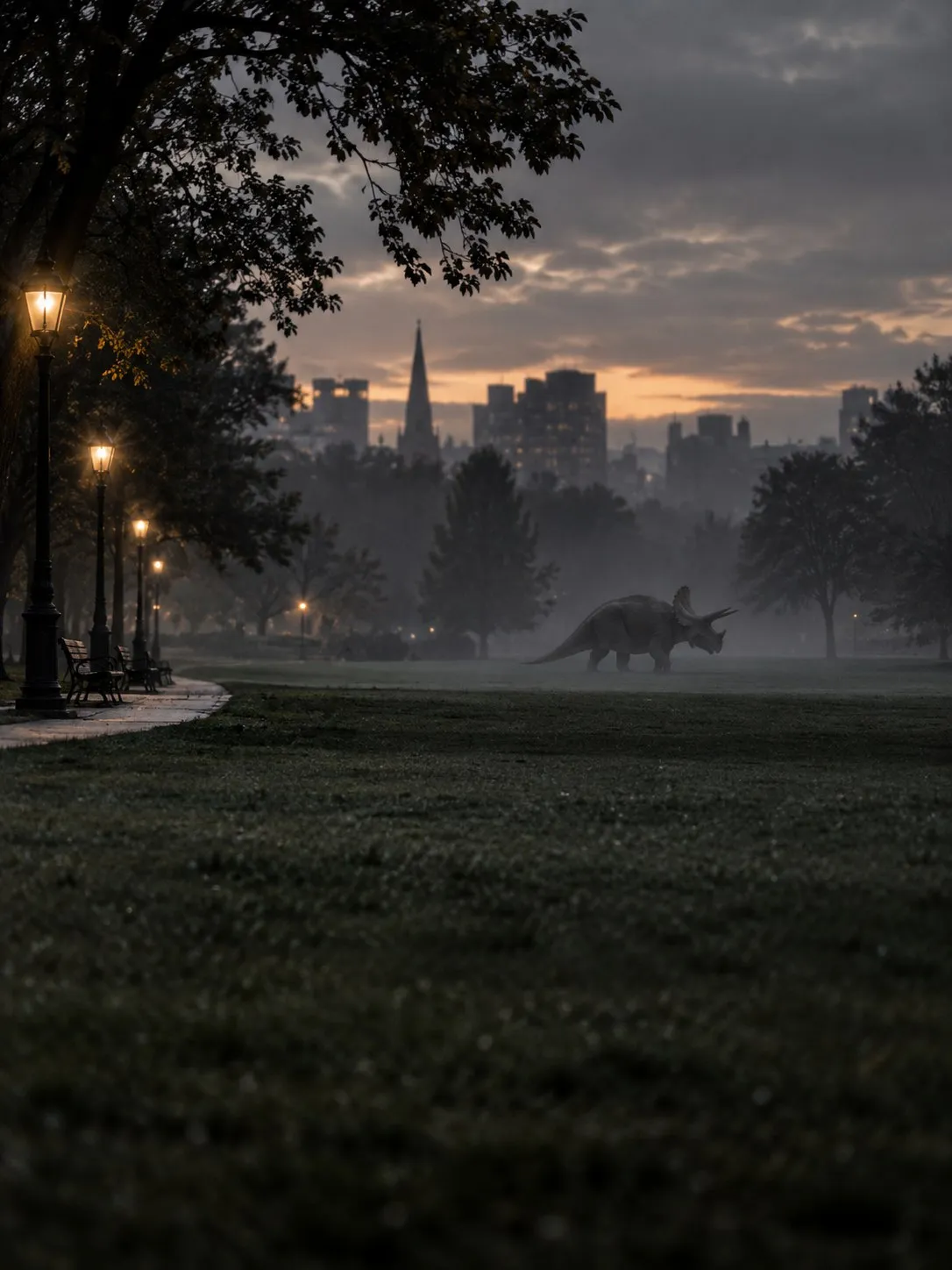 City park biome at dusk with lamp-lit paths