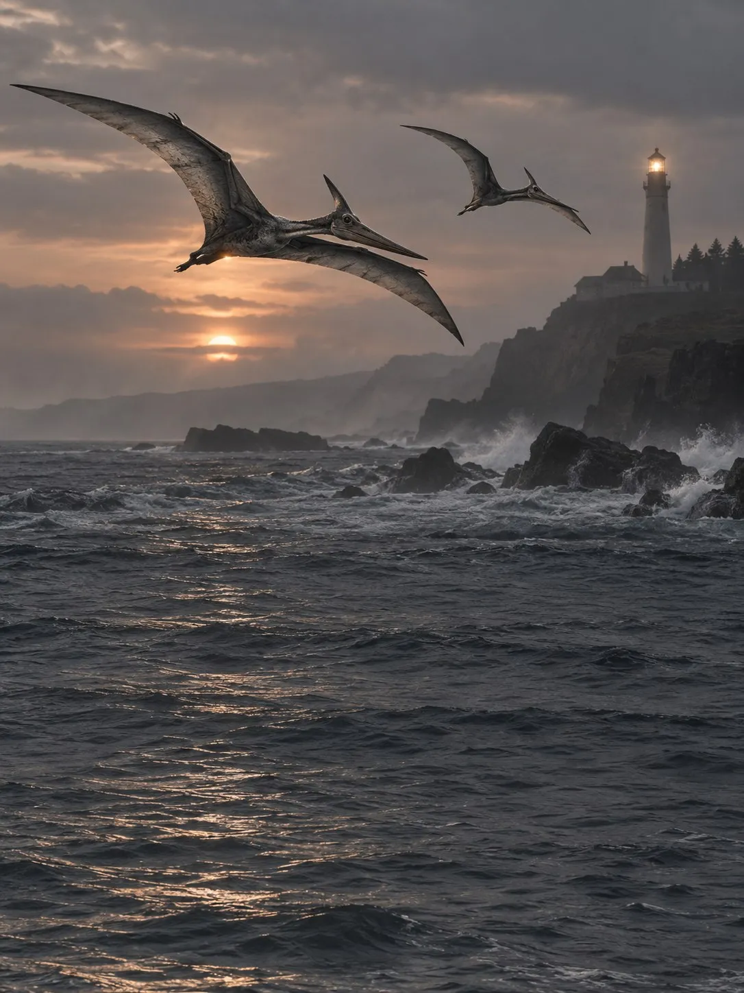 Coast biome: Pteranodons flying over the sea near a lighthouse