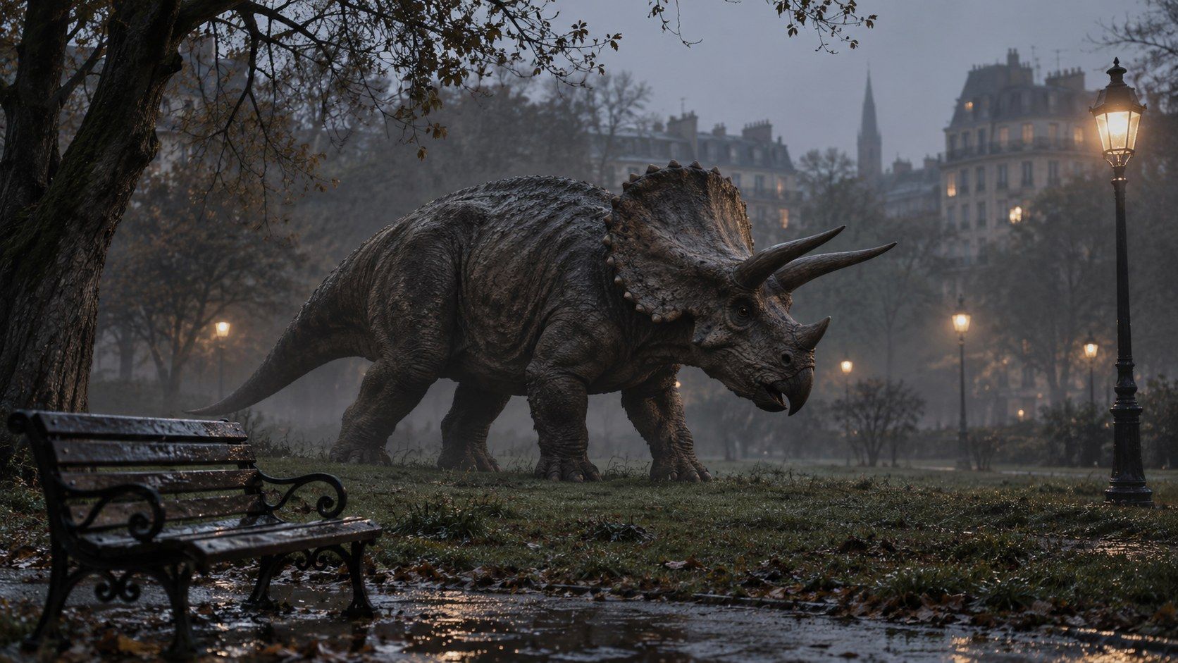 A Triceratops walking through a misty city park at dusk