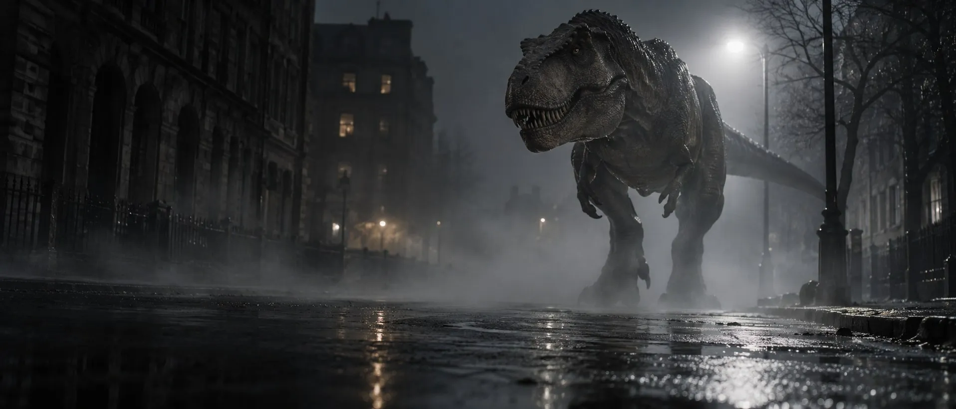 A Tyrannosaurus standing in a foggy city street at night